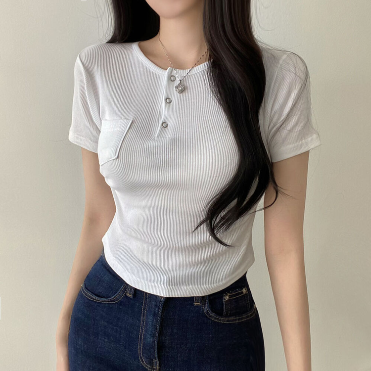 スリーボタンポケットスリムリブTシャツ6色 ホワイト