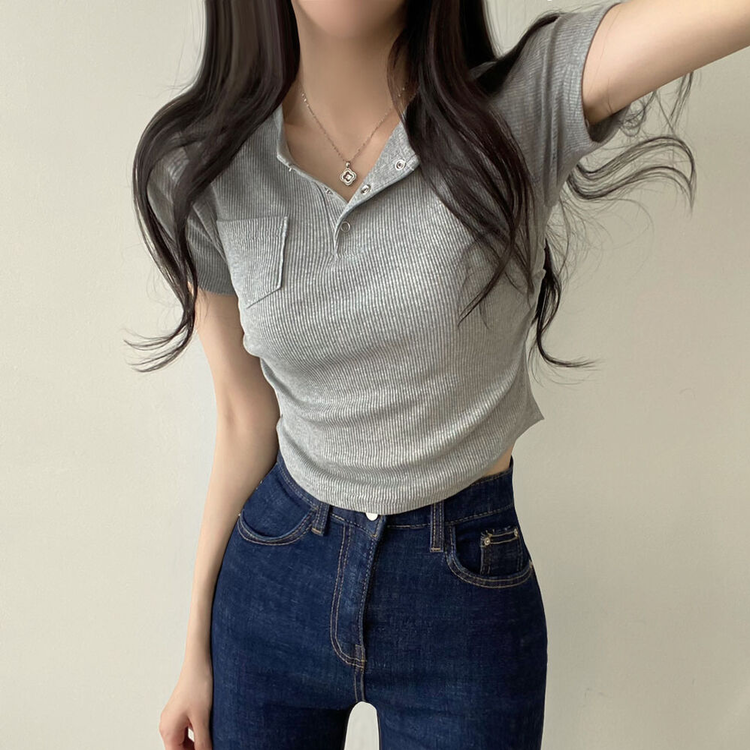 スリーボタンポケットスリムリブTシャツ6色 グレー