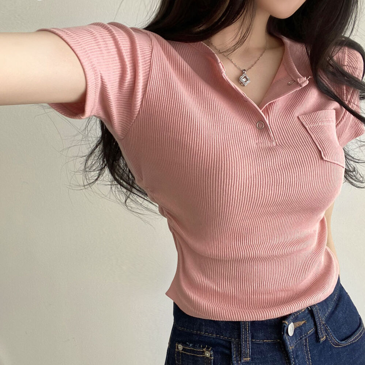 スリーボタンポケットスリムリブTシャツ6色 ピンク