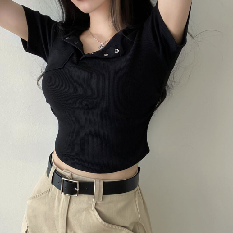 スリーボタンポケットスリムリブTシャツ6色 ブラック