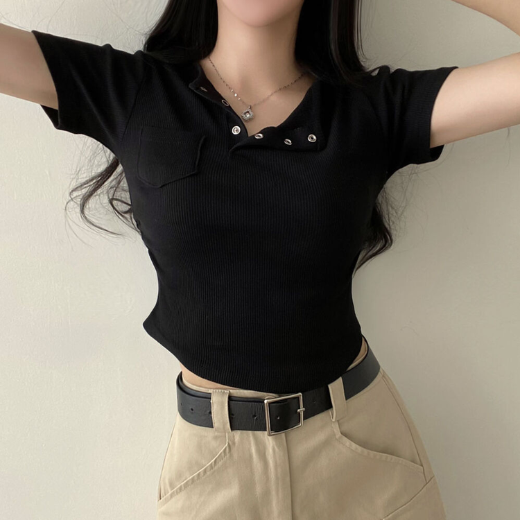 スリーボタンポケットスリムリブTシャツ6色 ブラック