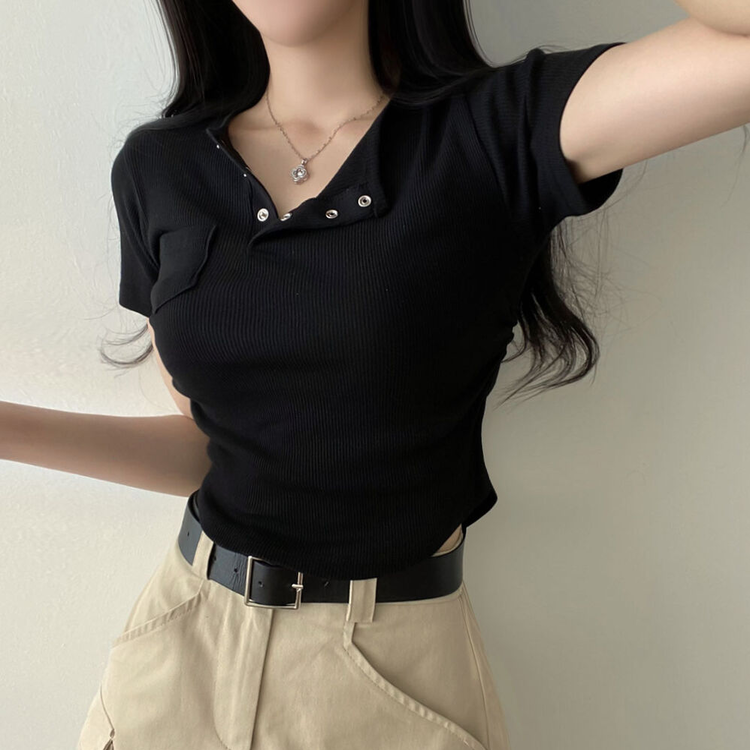 スリーボタンポケットスリムリブTシャツ6色 ブラック