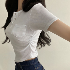 半袖Tシャツ スリーボタンポケットスリムリブTシャツ6色 ホワイト