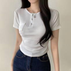 半袖Tシャツ スリーボタンポケットスリムリブTシャツ6色 ホワイト
