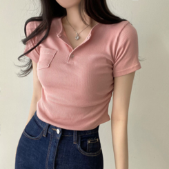 半袖Tシャツ スリーボタンポケットスリムリブTシャツ6色 ピンク