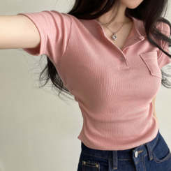 半袖Tシャツ スリーボタンポケットスリムリブTシャツ6色 ピンク