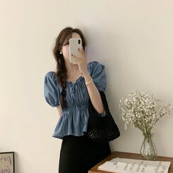 デニムリボンフリル半袖ブラウス｜ブラウス｜韓国ファッション