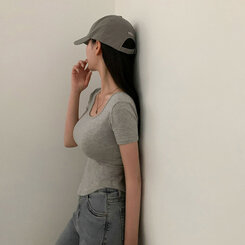 半袖Tシャツ スリムフィットUネックラウンドTシャツ5色 グレー