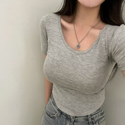 半袖Tシャツ スリムフィットUネックラウンドTシャツ5色 グレー