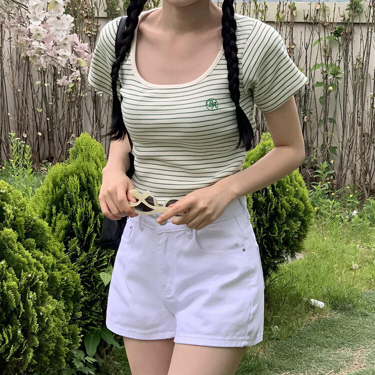 BA刺繍ラウンドネックストライプリブTシャツ GREEN