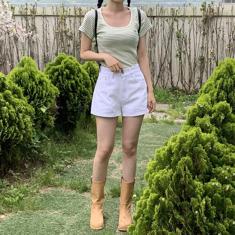 BA刺繍ラウンドネックストライプリブTシャツ GREEN