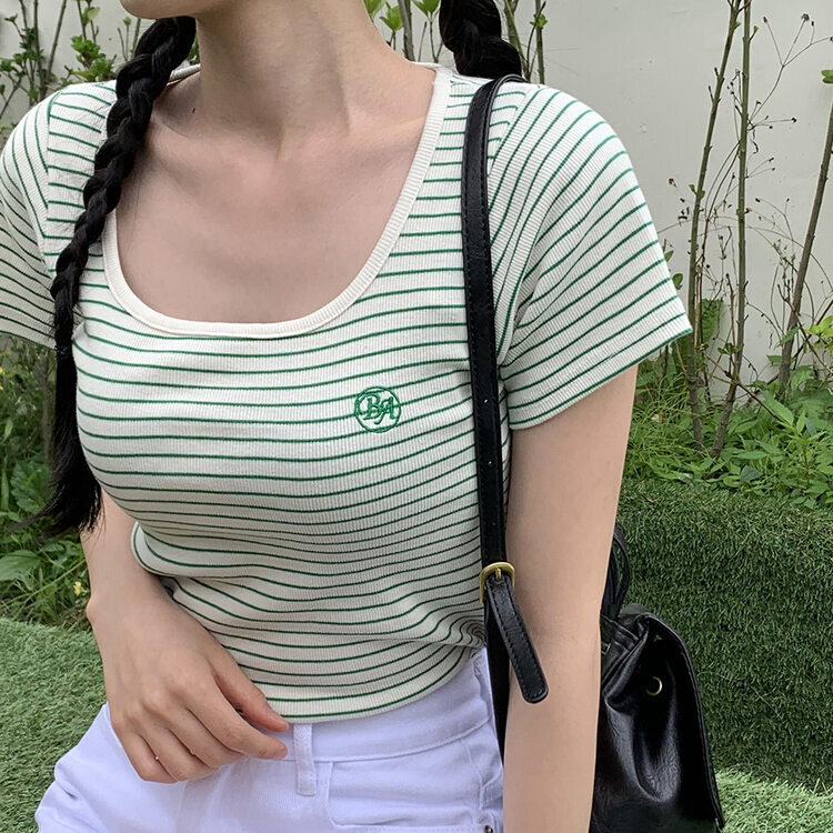 BA刺繍ラウンドネックストライプリブTシャツ GREEN