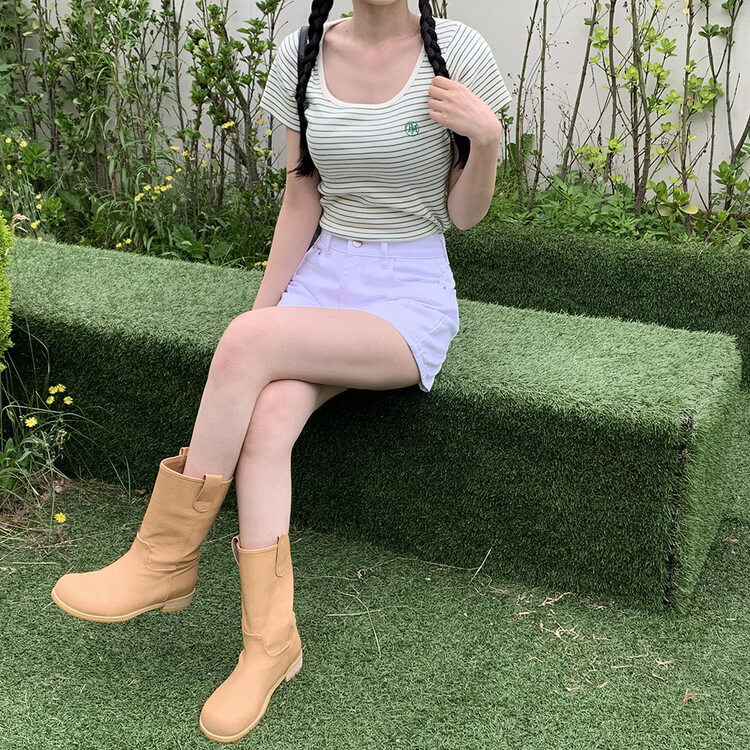 BA刺繍ラウンドネックストライプリブTシャツ GREEN