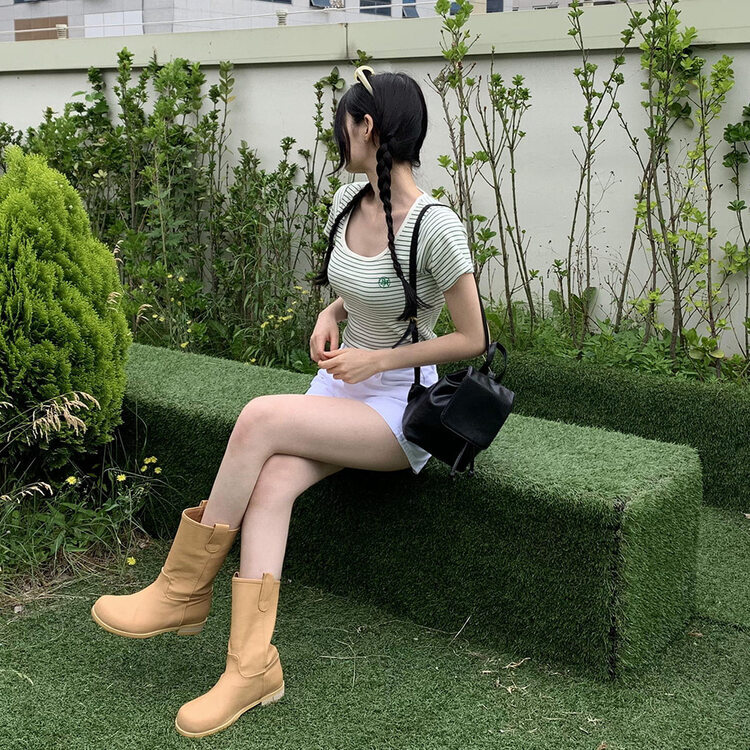 BA刺繍ラウンドネックストライプリブTシャツ GREEN