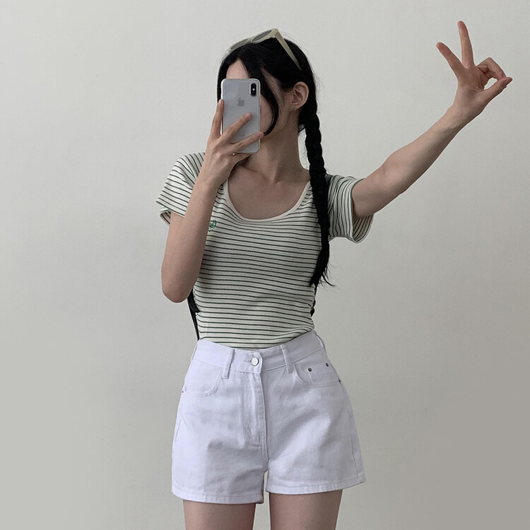 BA刺繍ラウンドネックストライプリブTシャツ GREEN