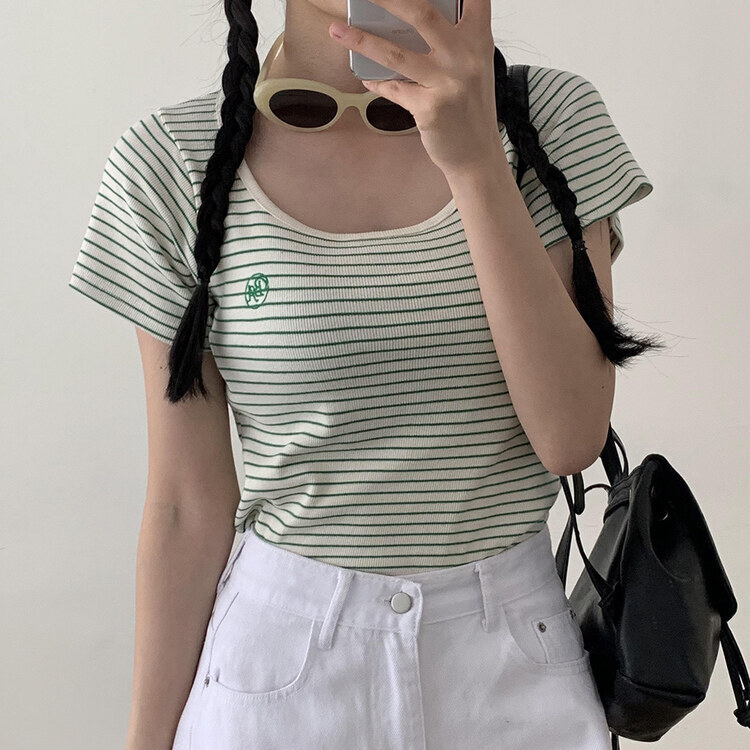 BA刺繍ラウンドネックストライプリブTシャツ GREEN