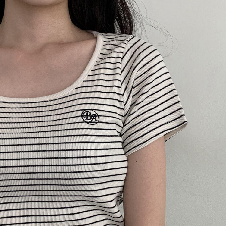 BA刺繍ラウンドネックストライプリブTシャツ IVORY