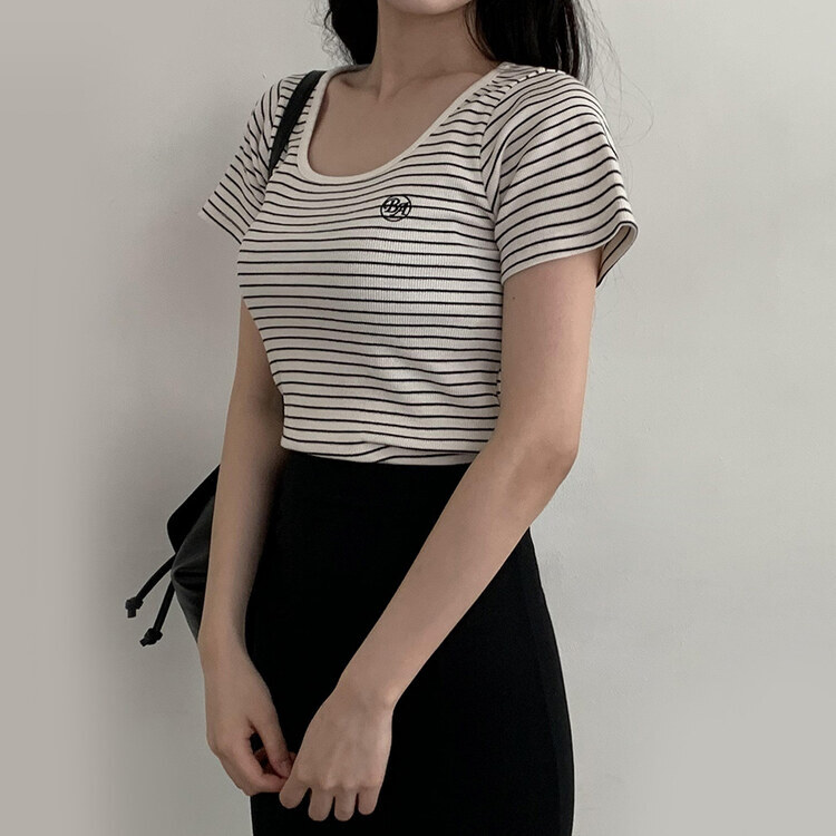 BA刺繍ラウンドネックストライプリブTシャツ IVORY