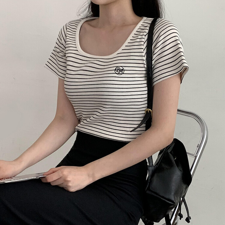 BA刺繍ラウンドネックストライプリブTシャツ IVORY