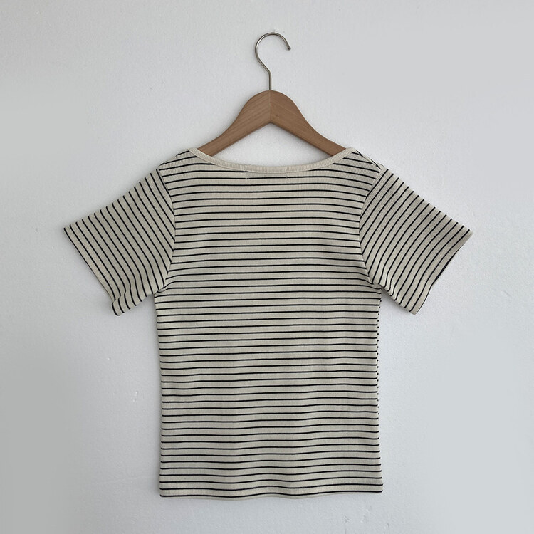 BA刺繍ラウンドネックストライプリブTシャツ