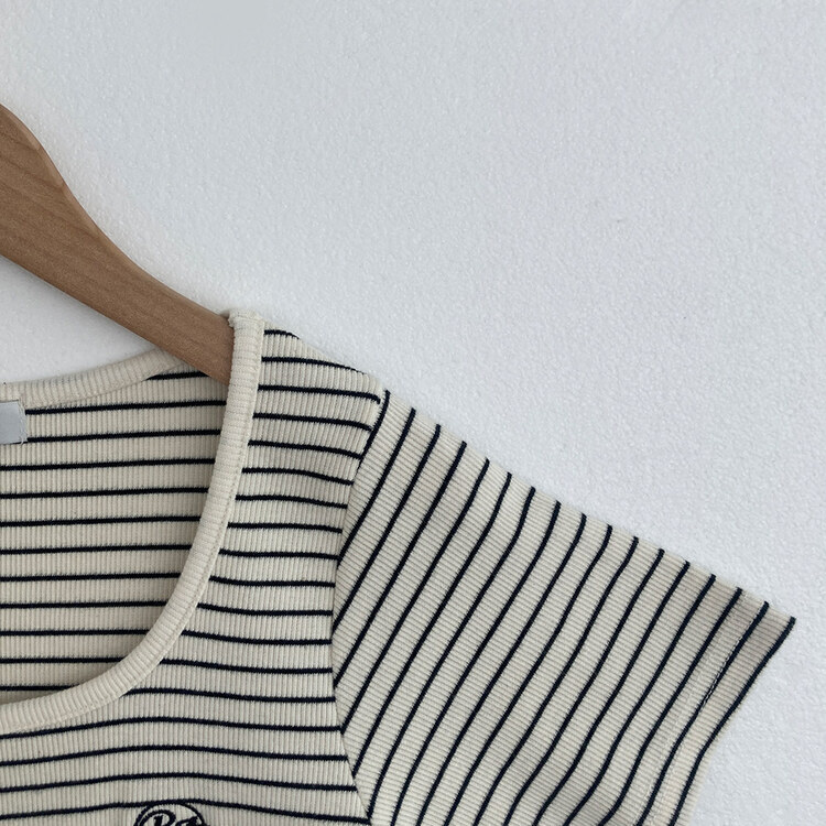 BA刺繍ラウンドネックストライプリブTシャツ