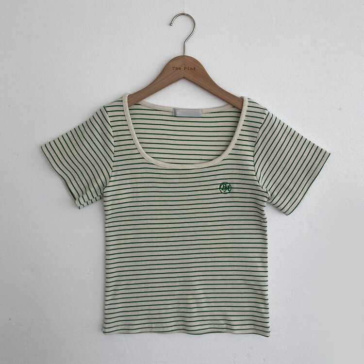 BA刺繍ラウンドネックストライプリブTシャツ