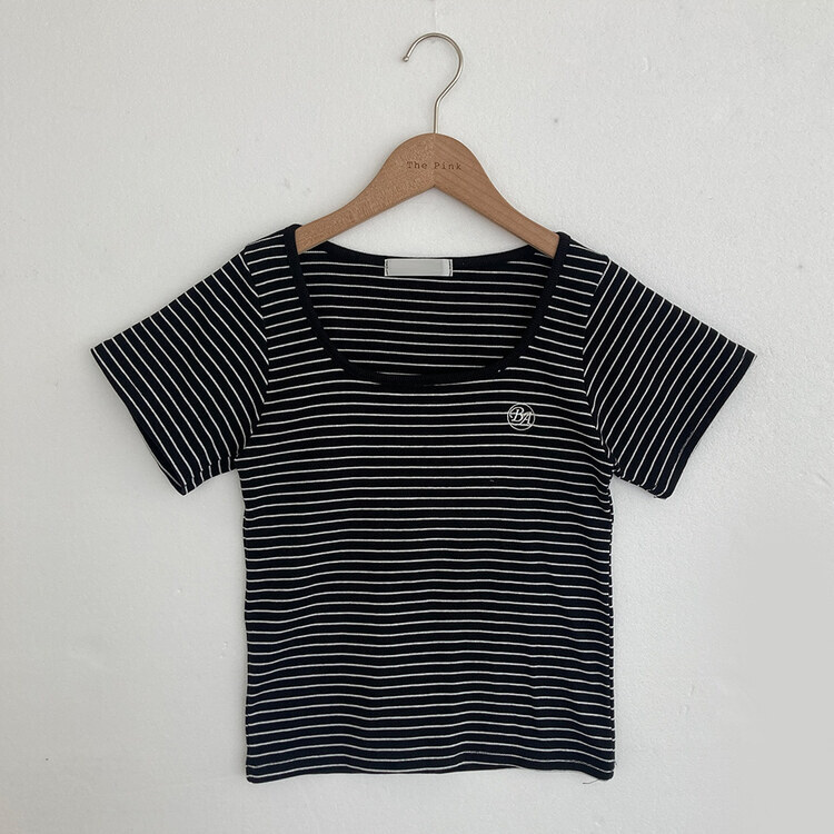 BA刺繍ラウンドネックストライプリブTシャツ