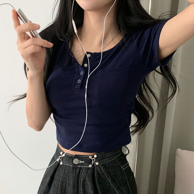 내가 만든 무드 셔링 포켓 크롭 반팔티셔츠 7color 네이비