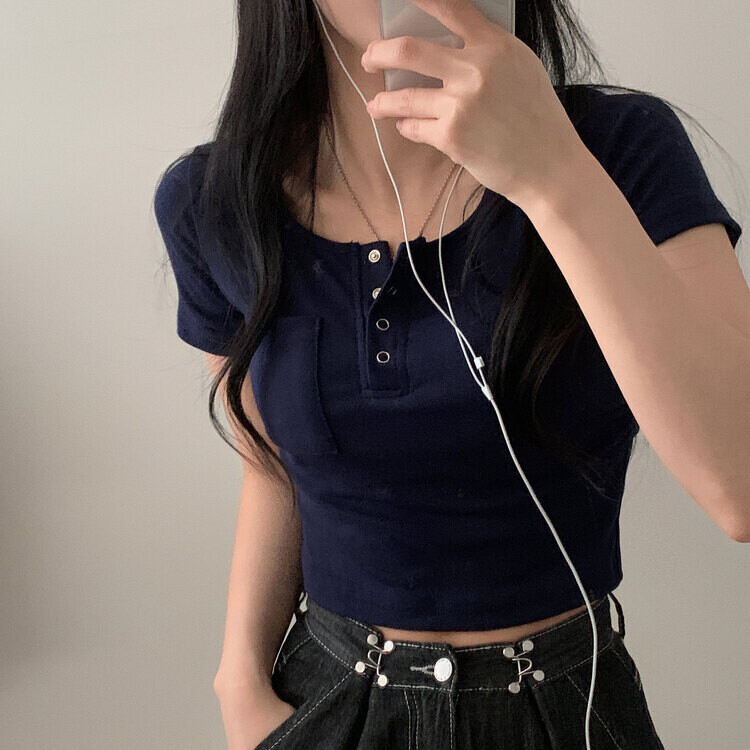 내가 만든 무드 셔링 포켓 크롭 반팔티셔츠 7color 네이비