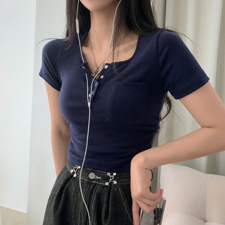 내가 만든 무드 셔링 포켓 크롭 반팔티셔츠 7color 네이비