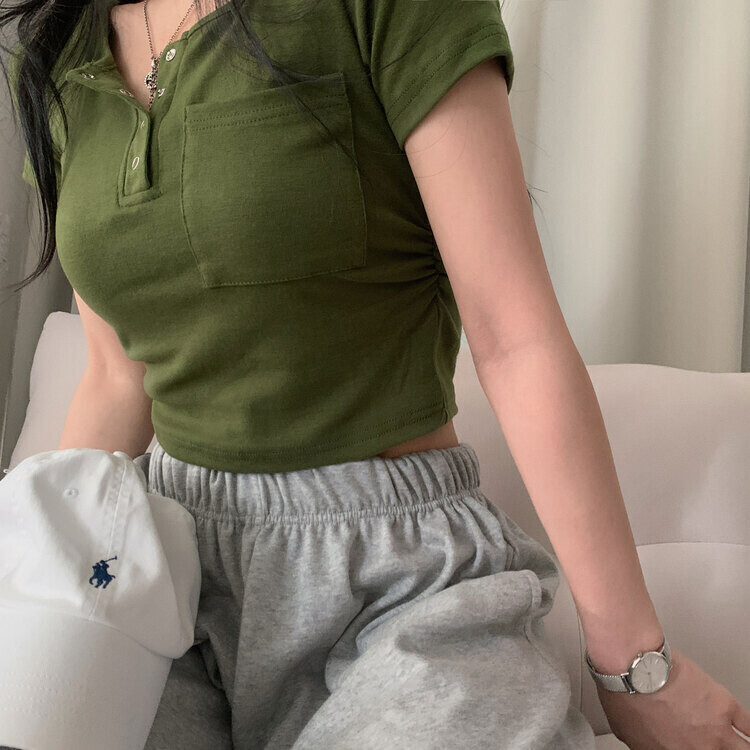 내가 만든 무드 셔링 포켓 크롭 반팔티셔츠 7color 카키