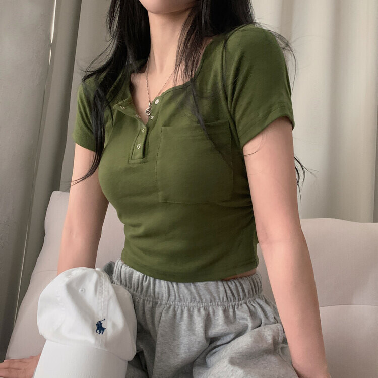 내가 만든 무드 셔링 포켓 크롭 반팔티셔츠 7color 카키