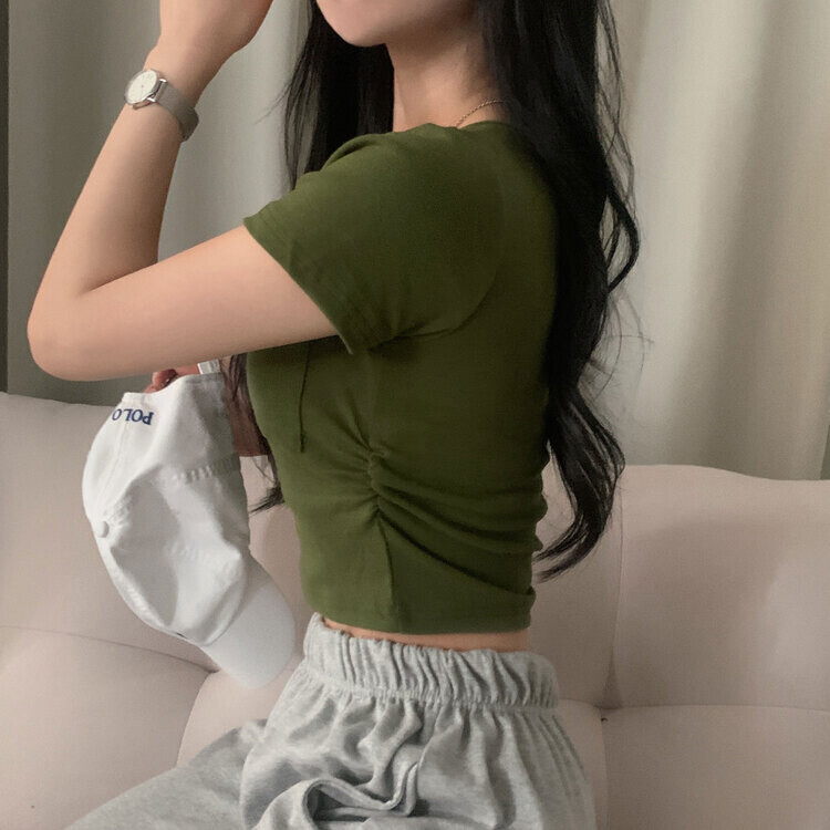 내가 만든 무드 셔링 포켓 크롭 반팔티셔츠 7color 카키