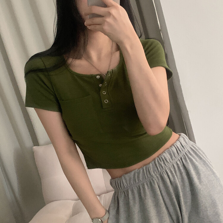 내가 만든 무드 셔링 포켓 크롭 반팔티셔츠 7color 카키