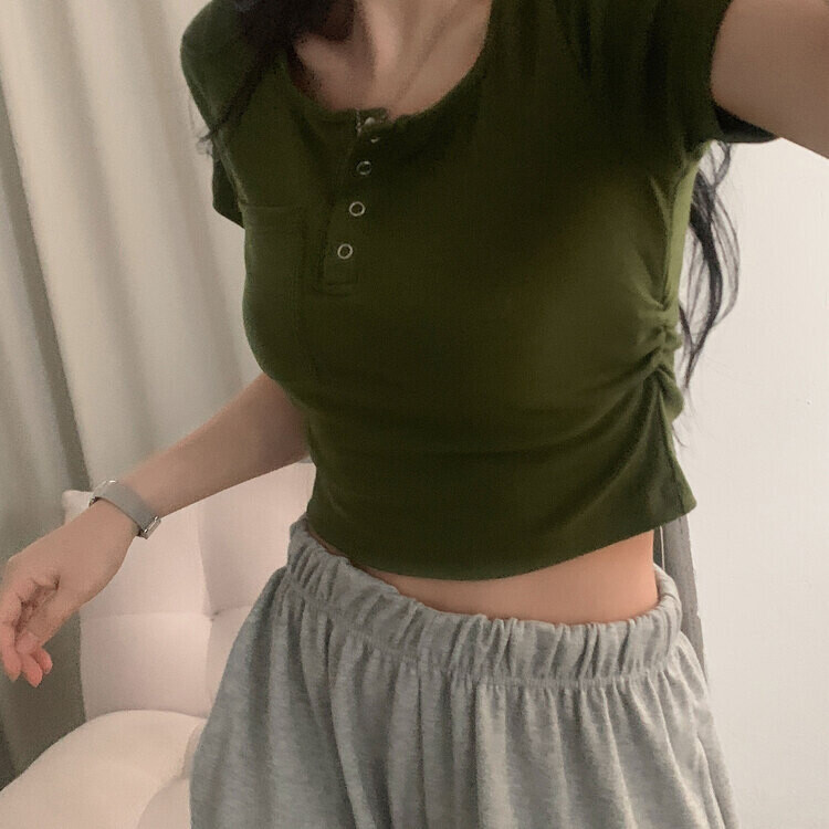 내가 만든 무드 셔링 포켓 크롭 반팔티셔츠 7color 카키