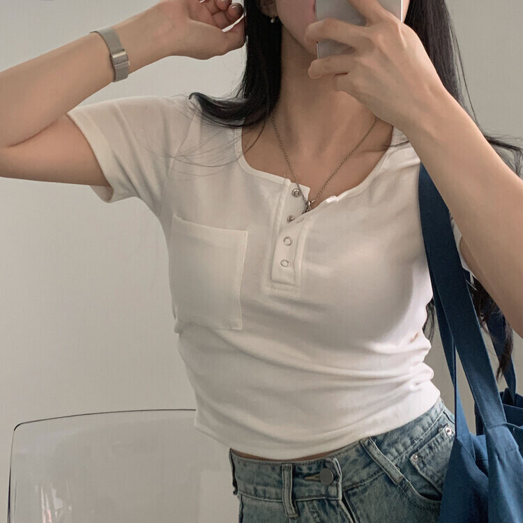 내가 만든 무드 셔링 포켓 크롭 반팔티셔츠 7color 아이보리