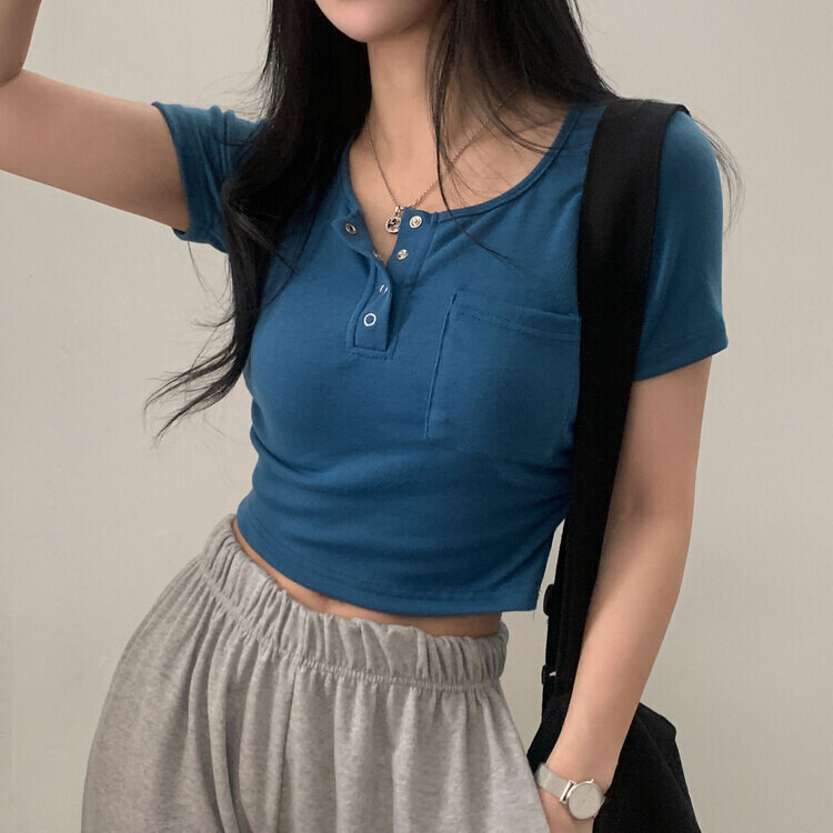 내가 만든 무드 셔링 포켓 크롭 반팔티셔츠 7color 블루