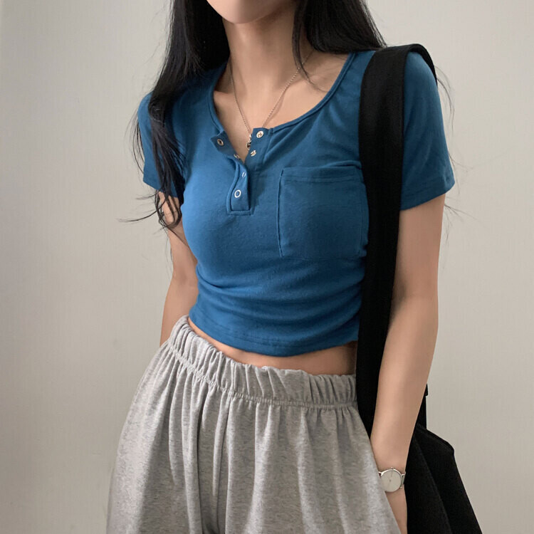 내가 만든 무드 셔링 포켓 크롭 반팔티셔츠 7color 블루