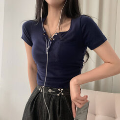 シャーリングポケットクロップボタンTシャツ7色 ネイビー