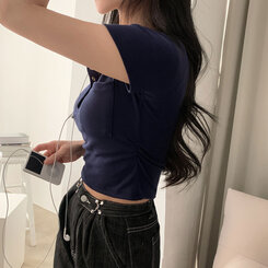 シャーリングポケットクロップボタンTシャツ7色 ネイビー