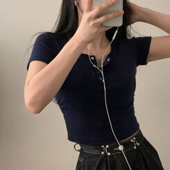 シャーリングポケットクロップボタンTシャツ7色 ネイビー