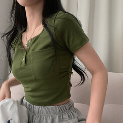 シャーリングポケットクロップボタンTシャツ7色 カーキ