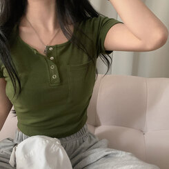 シャーリングポケットクロップボタンTシャツ7色 カーキ