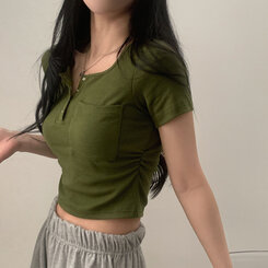 シャーリングポケットクロップボタンTシャツ7色 カーキ