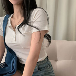 シャーリングポケットクロップボタンTシャツ7色 アイボリー