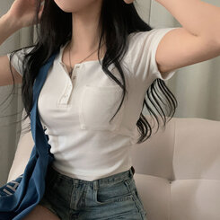 シャーリングポケットクロップボタンTシャツ7色 アイボリー