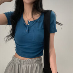 シャーリングポケットクロップボタンTシャツ7色 ブルー