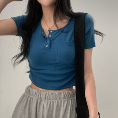 シャーリングポケットクロップボタンTシャツ7色 ブルー