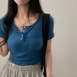 シャーリングポケットクロップボタンTシャツ7色 ブルー