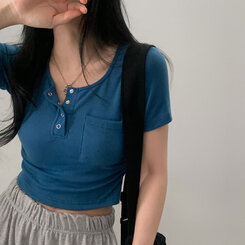 シャーリングポケットクロップボタンTシャツ7色 ブルー